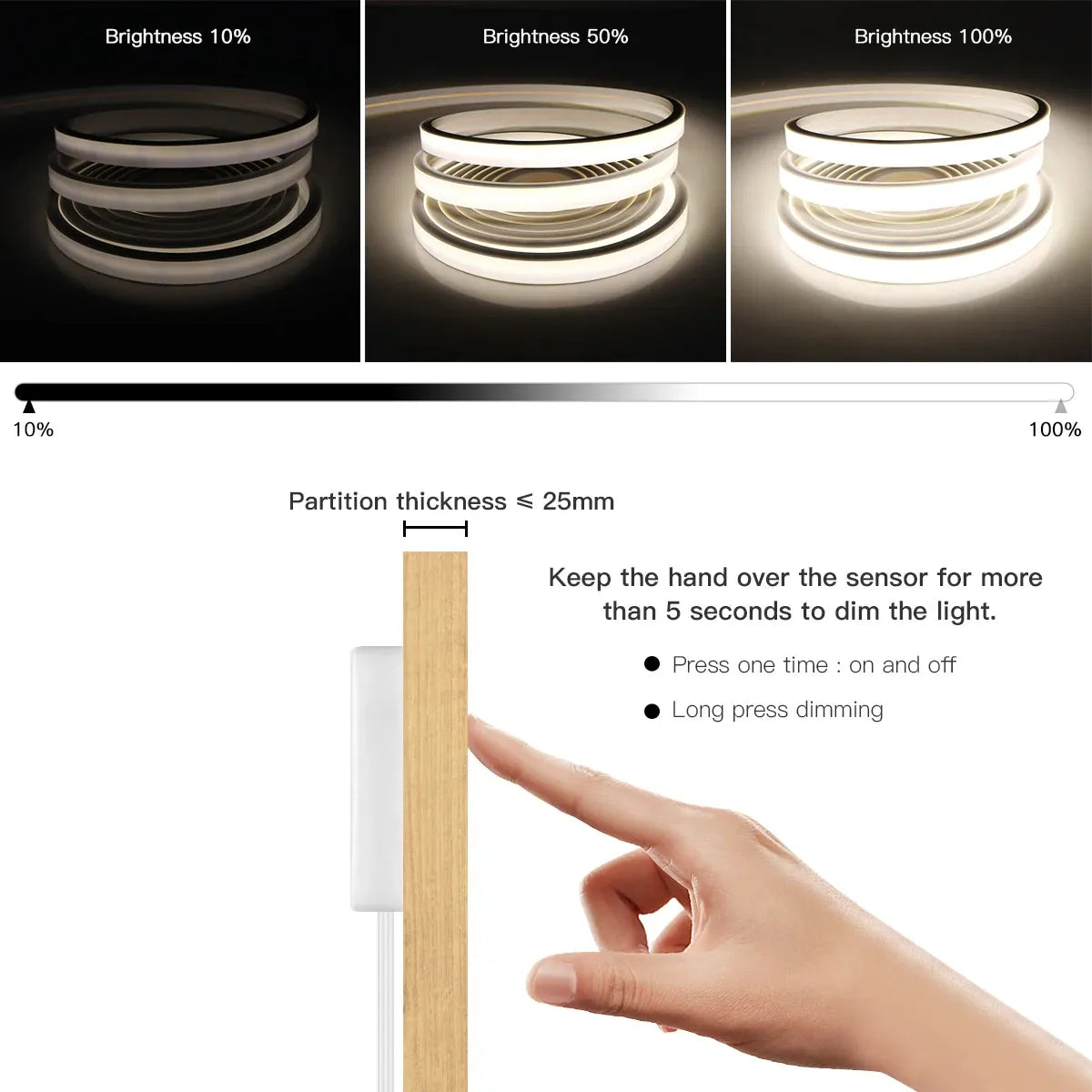 USB LED Under Cabinet Light COB Strip Dimmable Penetrable Wood Hand Scan Touch Switch