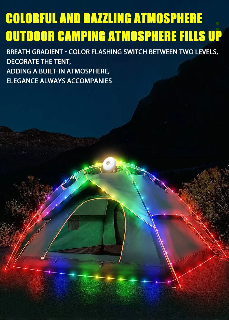 USB Rechargeable Camping Light 10meter Outdoor Tent String Light RGB Atmosphere Light with Magnet Hook - Lumaz