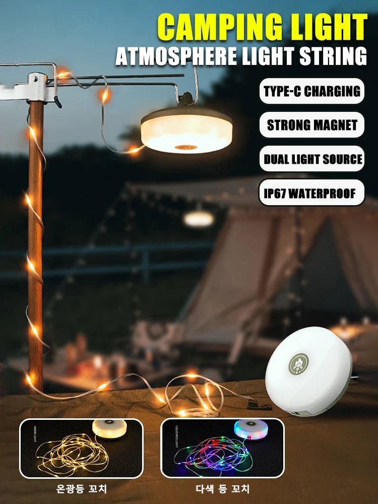 USB Rechargeable Camping Light 10meter Outdoor Tent String Light RGB Atmosphere Light with Magnet Hook - Lumaz