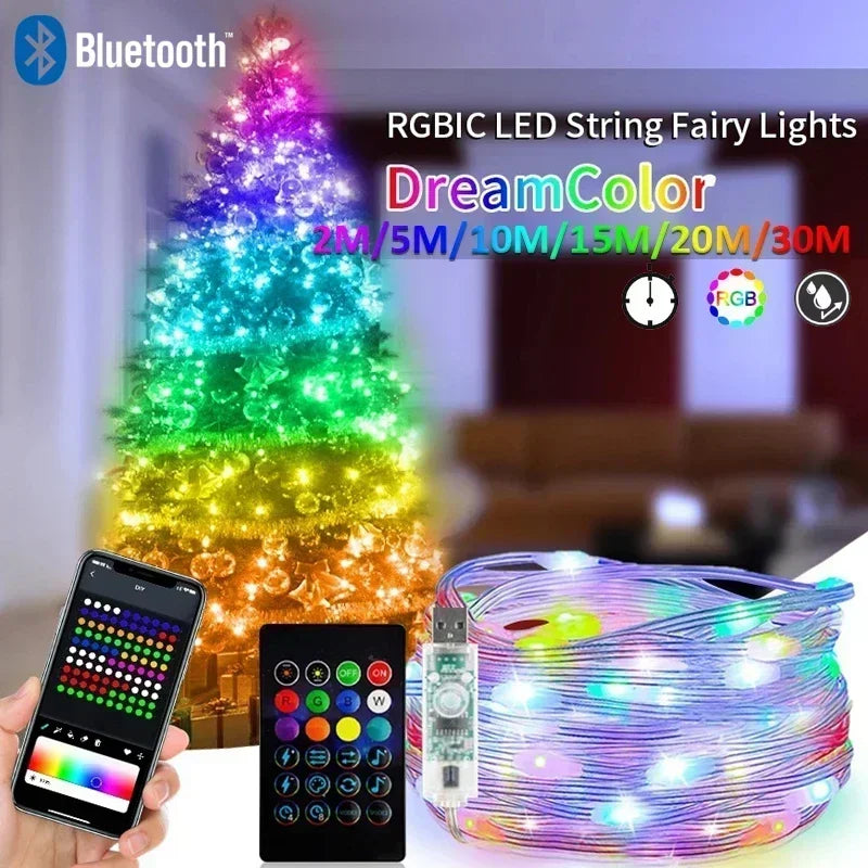 Guirlande lumineuse LED intelligente RGBIC USB pour sapin de Noël, couleurs oniriques et musique, étanche - Lumaz