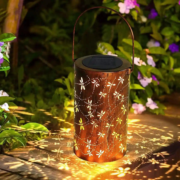 Vintage Metal LED Outdoor Solar Lantern Light With Dragonfly Pattern - Lumaz