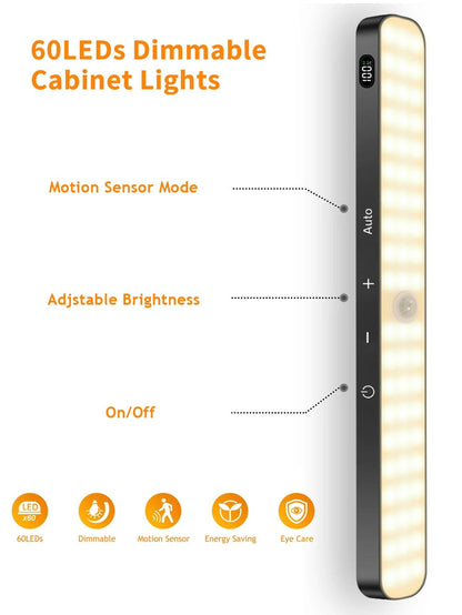 Battery Operated Motion Sensor Under Cabinet LED Light Bar - Warm Light - 60 LED Touch Bar - Lumaz