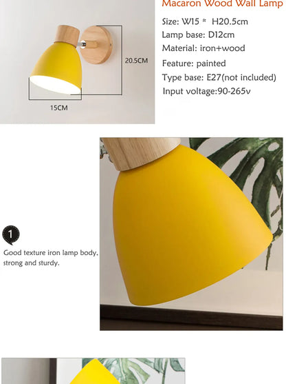 Wooden Nordic Wall Lamp With Switch Modern Wall Sconce with Macaroon Color Steering Head