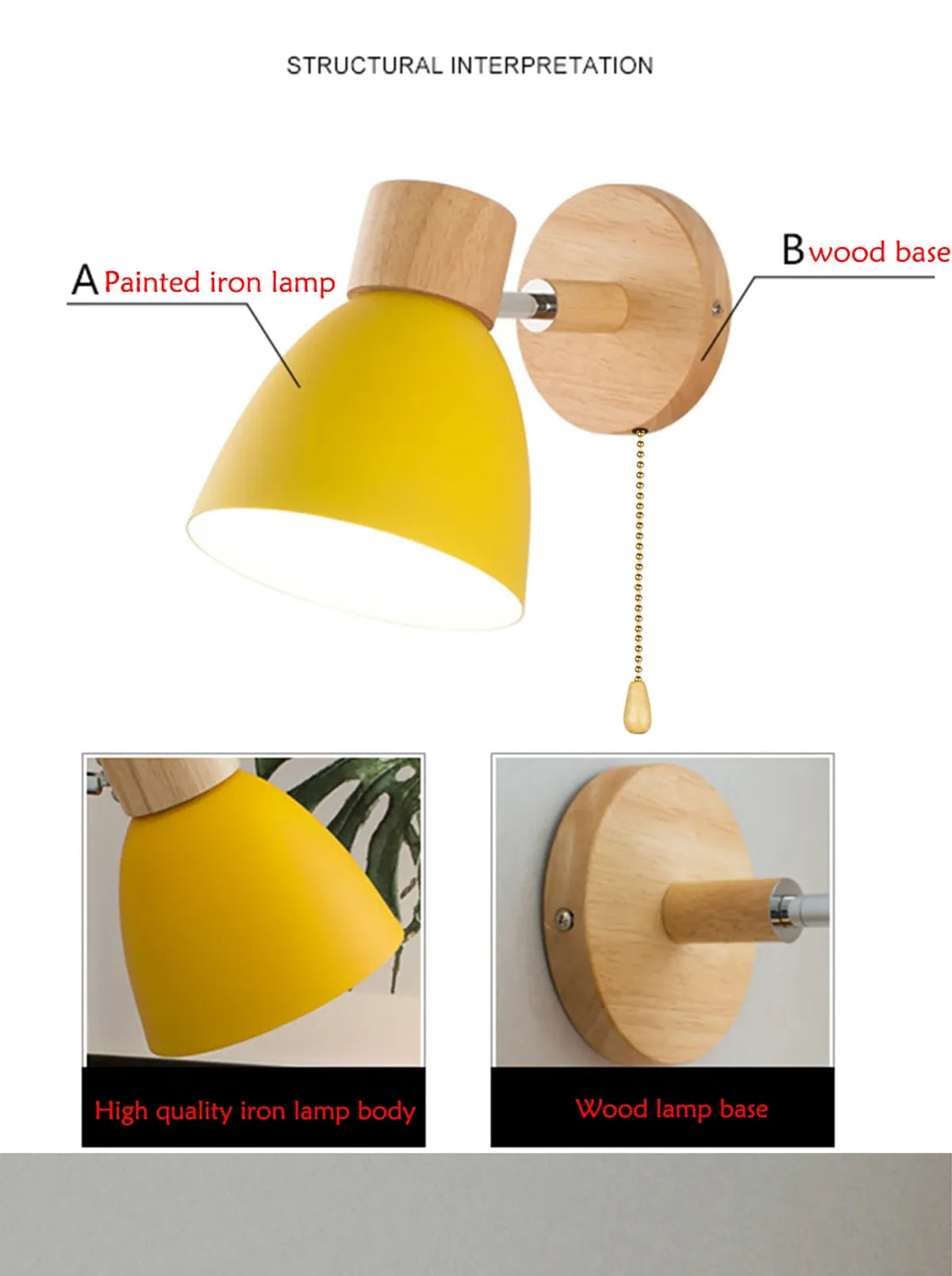 Wooden Nordic Wall Lamp With Switch Modern Wall Sconce with Macaroon Color Steering Head