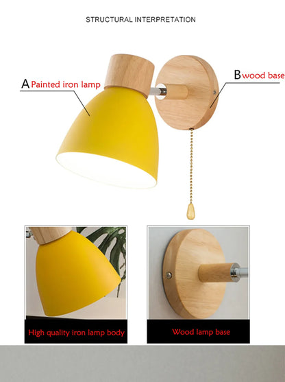 Wooden Nordic Wall Lamp With Switch Modern Wall Sconce with Macaroon Color Steering Head