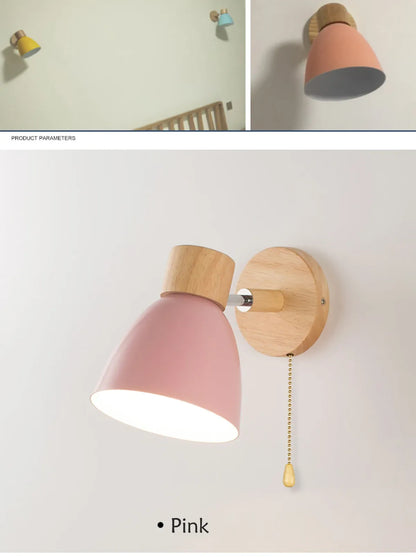 Wooden Nordic Wall Lamp With Switch Modern Wall Sconce with Macaroon Color Steering Head